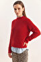 Women's Crew Neck Raglan Sleeve Knitted Patterned Soft Textured Knitwear Red Sweater - 2