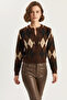 Women's Diamond Patterned Crew Neck Brown Cardigan - 3
