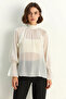 Women's Ruffle Detailed High Neck Shiny Chiffon Ecru Blouse