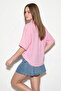 Women's Open Collar Self-Striped Oversize Short Sleeve Candy Pink Shirt - 6
