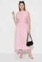 Women's Lined Pocket Detailed Draped Waist Design Midi Pink Dress - 4