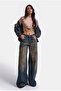Women's Dark Denim 4W6-32 Palazzo Fit Special Embroidery Detailed Design Denim Jean - 7