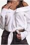 Women's White W6-2 Relaxed Black Tulle and Shoulder Detail Waist-Tie Design Shirt - 4