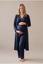 Women's Navy Blue Pajama Set with Buttons and Pleated Detail for Maternity and Pregnancy