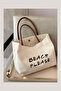 Women's Ecru Canvas Shoulder Bag Large Volume Brown Handle Daily Tote Bag - 6