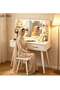 Modern White Makeup Vanity Desk with LED Mirror, 2-Drawer Dressing Table with Open Shelves and Cushioned Stool，Multifunctional Vanity Table Sets for Bedroom