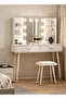 Dressing Table with Lamp and Mirror, 100cm Vanity Table with Soft Stool, Large Modern Toilet Table with Drawers and Shelves, Family Makeup Table Set