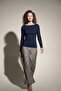 Women's Basic Boat Neck Navy Blue Long Sleeve Blouse - 3