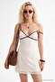 Ecru Plain A-Line V-Neck Thin Straps Sleeveless Mini Lace Lining Knitted Dress Twoss26El01126 - 4