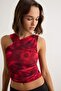 Burgundy Abstract Printed Asymmetric Collar Fitted/Flex Fit Knitted Blouse Twoss25Bz00017