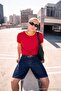 Red Off Shoulder Regular Fit Stripe Detailed 100% Cotton T-Shirt Tmnss26Ts00078