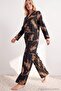 Black Tiger Patterned Viscose Woven Pajama Set Thmaw24Pt00092