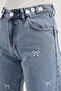 Women's Jeans Patterned Straight Ice Blue Denim Trousers - 4