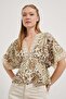 Patterned Lace Detailed Open Collar Blouse
