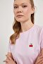 Women's Cherry Patterned Crew Neck Pink Loose T-Shirt - 2