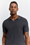 Men's Anthracite Polo Collar Buttonless Rayon Blend Regular Fit Knitwear T-Shirt A62Y5060 - 2