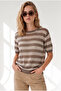 Women's Mink Crew Neck Striped Mercerized Blouse Blz-19003447 - 2