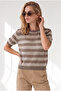 Women's Mink Crew Neck Striped Mercerized Blouse Blz-19003447 - 4