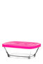 Defne Glass Storage Container Set of 2 Small Size 375 ml Rectangular Pink Plastic Lid (Breakfast) - 3