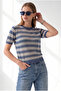 Women's Indigo Crew Neck Striped Mercerized Blouse Blz-19003447 - 3