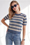 Women's Indigo Crew Neck Striped Mercerized Blouse Blz-19003447
