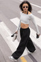 Black Adjustable Waist Wide Leg Relaxed Fit Basic Women's Sweatpants Mg2122