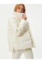 Short Puffer Jacket Leather Look Snap Button Stand Collar with Pockets