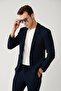 Men's Navy Blue Slit Unlined Bi-Stretch Fabric Blazer Comfort Slim Fit Jacket A41Y4032
