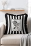 Black and White Striped Vintage Woodpecker Bird Illustration Fringed Throw Pillow Cover - 3