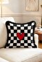 Red Heart Detailed Black and White Checkered Patterned Fringed Throw Pillow Cover - 2