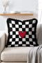 Red Heart Detailed Black and White Checkered Patterned Fringed Throw Pillow Cover - 3