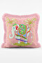 Elephant Patterned Fringed Cushion Cover - Palm Tree Detail on Pink Background with Tassels