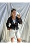 Women's Black Silver Color Silvery Transparent Tied Blouse - 5