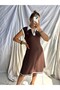 Women's Brown Color Polo Collar Striped Midi Length Modal Combed Cotton Dress