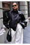 Zr Model Black Oversize Stand Collar Leather Jacket - 3