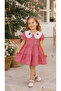 Girl's Red Plaid Patterned Cherry Embroidered Doll Collar Cotton Summer Dress