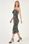 Front Gathered Rope Strap Slit Fitted Midi Dress DRESS5865362 - 2