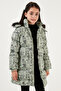 Faux Fur Text Printed Removable Hooded Plush Lined Winter Coat Girls Child MON - 7