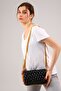 Women's Quilted Embroidered Black Mustard Color Shoulder Bag with Adjustable Shoulder Strap - 4
