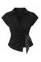 Women's Black Double-Breasted Collar Asymmetrical Shirt with Shawl Belt Detail