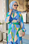 Geometric Pattern Belted Blue Viscose Dress - 2