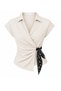 Women's Light Beige Double-Breasted Collar Asymmetrical Shirt with Shawl Belt Detail
