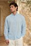 قميص رجالي من قماش Pera Linen ذو أكمام طويلة بنصف حجم كبير - أزرق فاتح