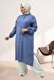 68066 Plus Size Side Slit Buttoned Jacquard Strawberry Tunic - Indigo
