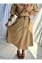 Women's Camel Color Belted A-Line Skirt with Flared Pockets, Midi Length - 9