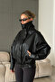 Zr Model Black Stand Collar Oversize Belted Coat Leather Jacket - 3