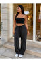 Women's Black Leopard Jacquard Wide-Leg Pants with Elastic Waist - 4