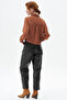 Faux Leather Trousers with Metal Accessory Detail Dark Brown - 3