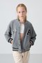 Gray Melange Thick Soft Textured Standard Fit Embroidered Fleece Girls' College Jacket - 75156