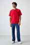 Red Waffle Interlock Surface Textured Oversize Fit Basic Men's T-Shirt - 88379 - 3